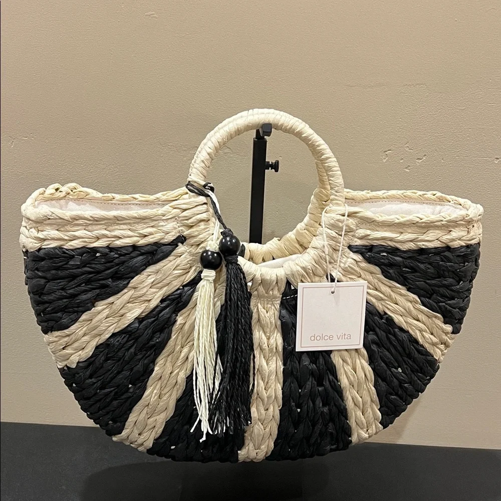 Dolce Vita | Black Raffia Shopper “EstelleB” Tote ~ Canvas Inside - Picture 4 of 15